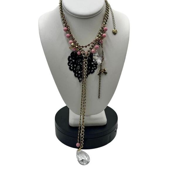 Betsey Johnson Multistrand Webb Bows Pink Beads Crystals Black Heart Necklace - Picture 1 of 10